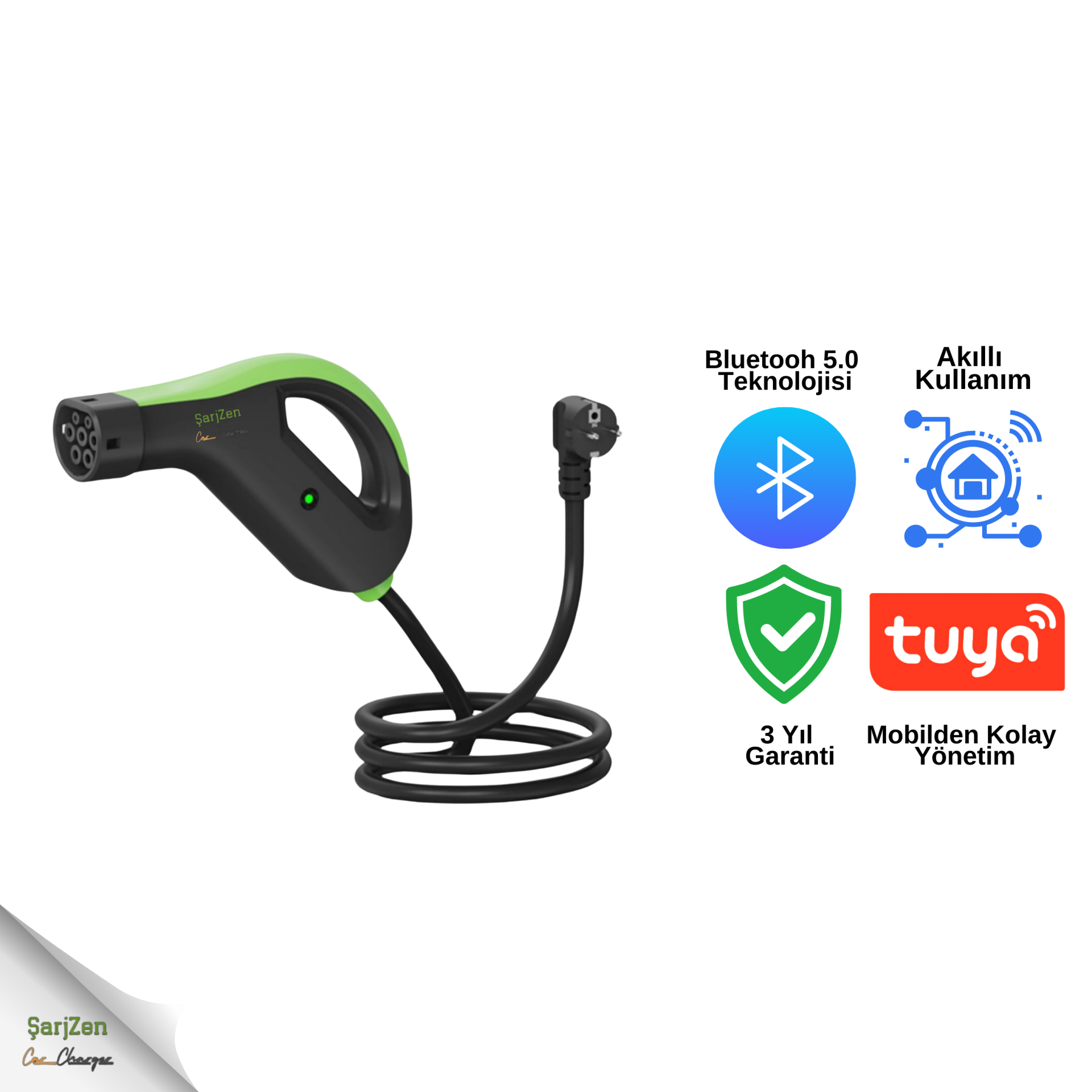 ŞarjZen Prime 3,5 KW Taşınabilir Araç Şarj Cihazı Yeşil (Wifi+Bluetooth Mobil Uygulama)